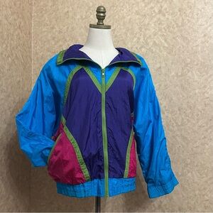 VTG 80s Retro Bright Blue Purple Pink Color Block Full Zip Neon Windbreaker